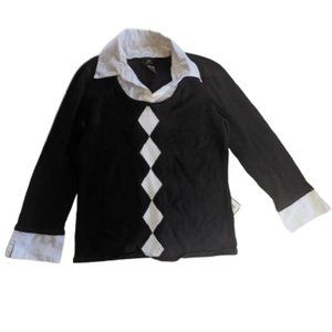 Black  & White Layered Look Argyle Sweater Size Medium  ---